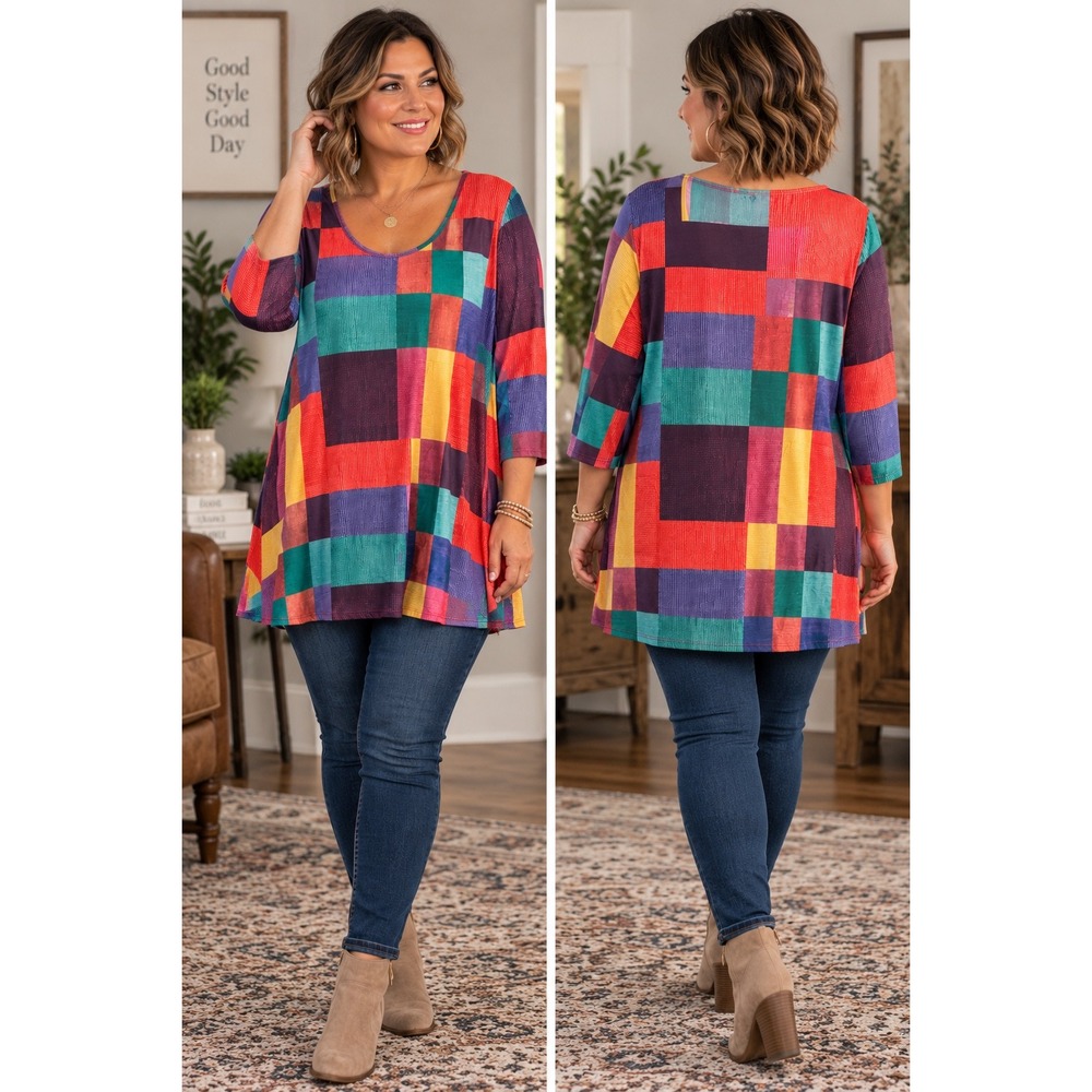 Lily by Firmiana 1X Multicolor Patchwork Tunic Top Artsy Swing Stretch